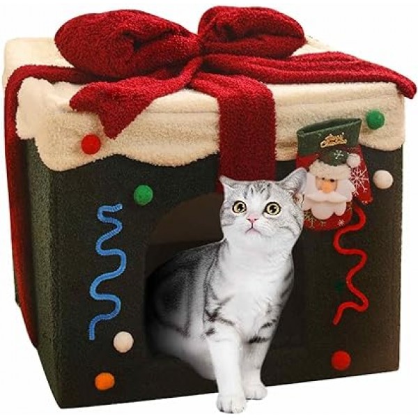 Christmas Cat Bed House Washable and Soft Dog Bed,Cat Cave with
